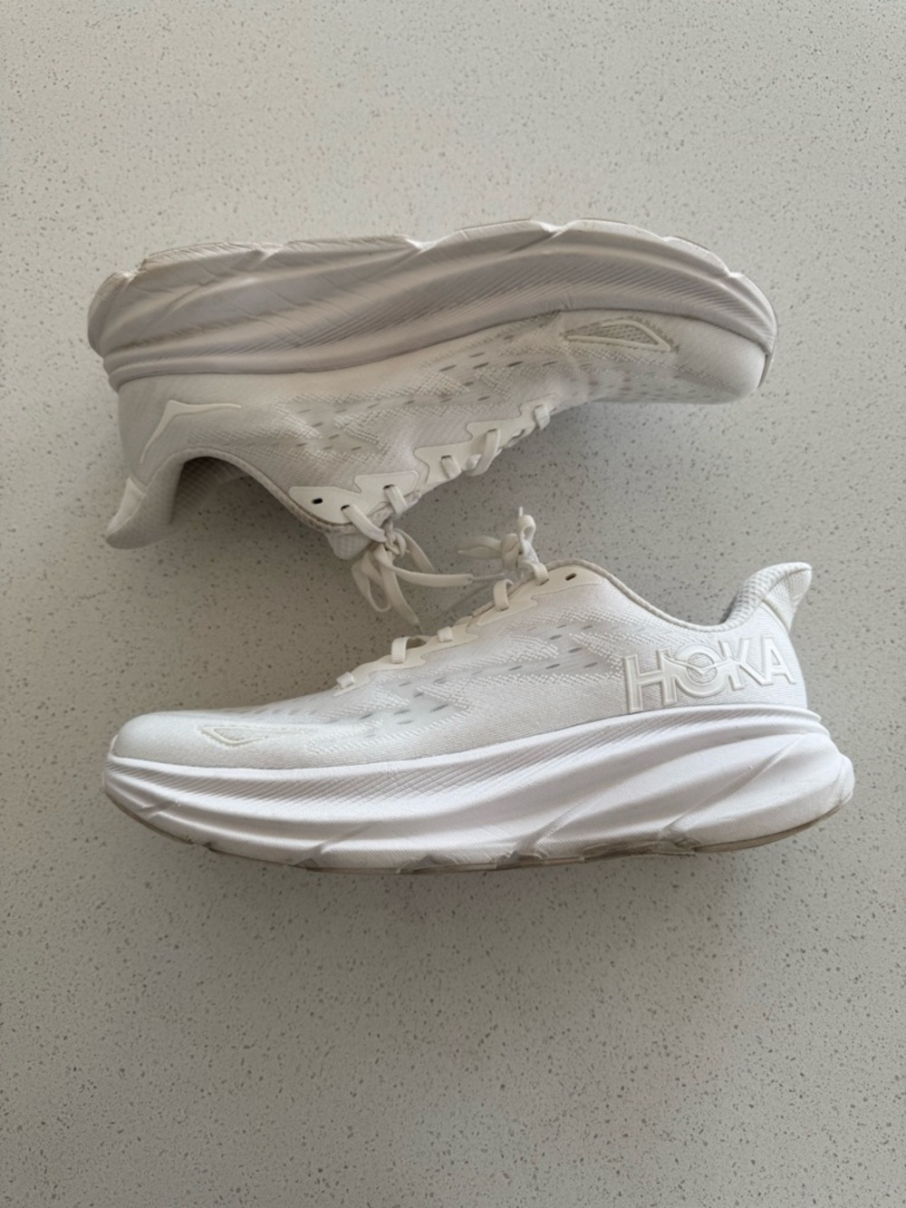 Hoka White and Light Gray Clifton 9 Running Sneakers